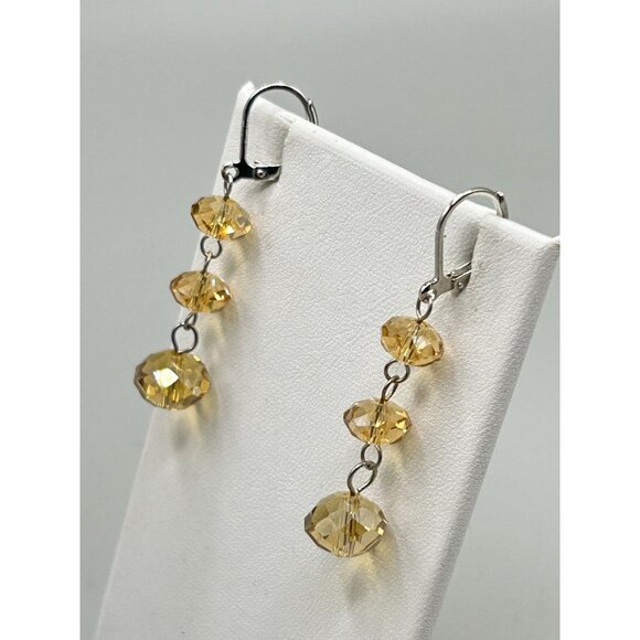 Faceted Crystals Dangles Earrings Leverback Triple Bead Sterling Silver 925 - Picture 4 of 6